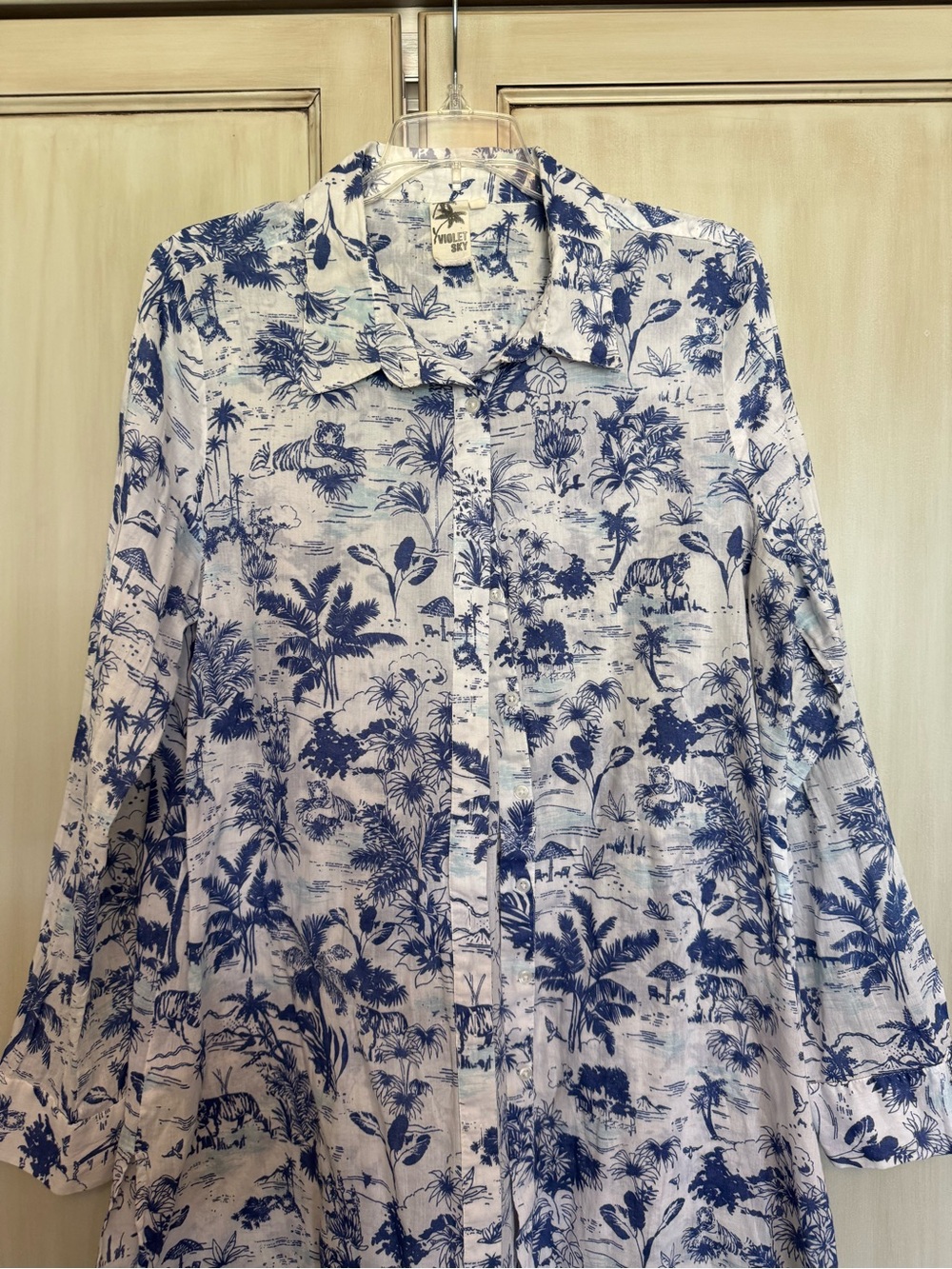 Violet Sky Blue & White Tropical Print Shirt Swim Cover Up - Picture 1 of 9